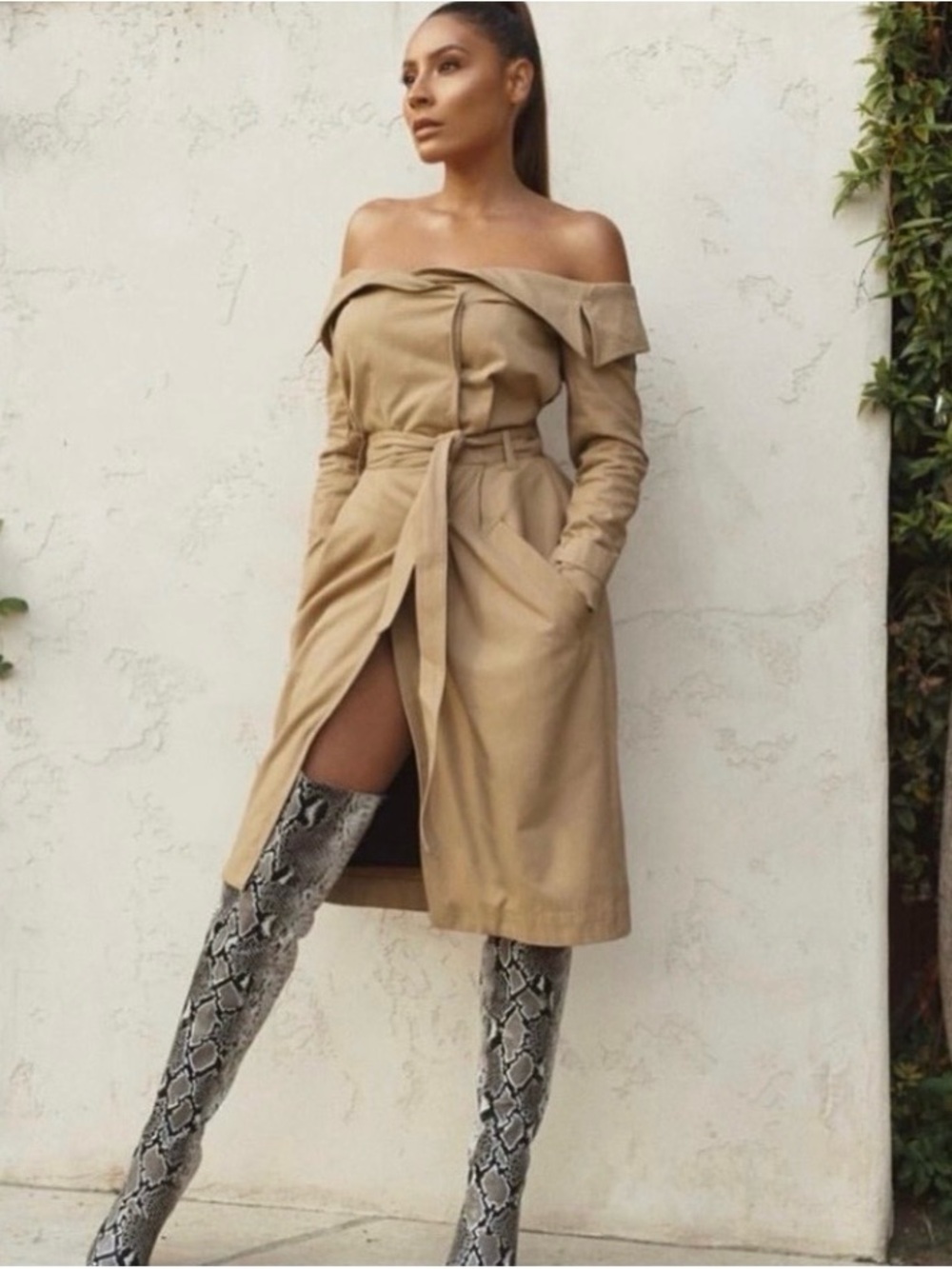House of CB Beige One-Shoulder Belted Midi Dress